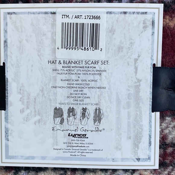 Emanuel Geraldo NWT Maroon Plaid Scarf & Black Pom Beanie Hat Set, Women’s OS - Picture 8 of 14